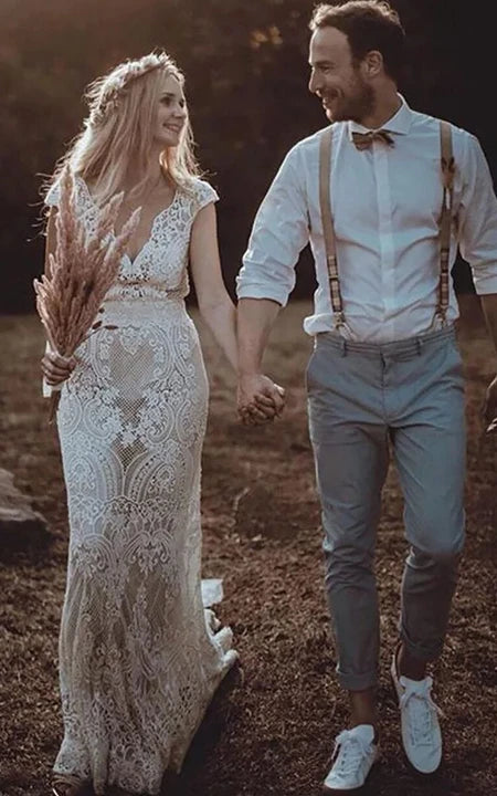 Get noticed with eye-catching women’s fashion   Vintage Deep-v Neck Cap Sheath Lace Empire Wedding Dress with V Back