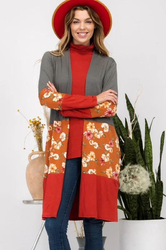 Feminine and fashionable clothing for every wardrobe   Full Size Floral Color Block Open Front Cardigan
