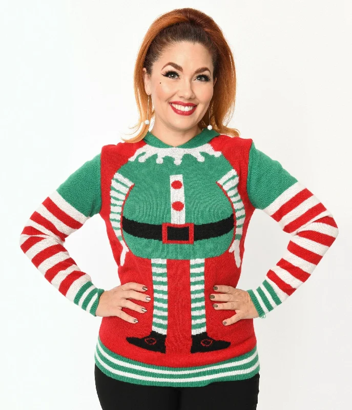 Step up your style with trendy women’s clothing   Red & Green Elf Hooded Holiday Sweater