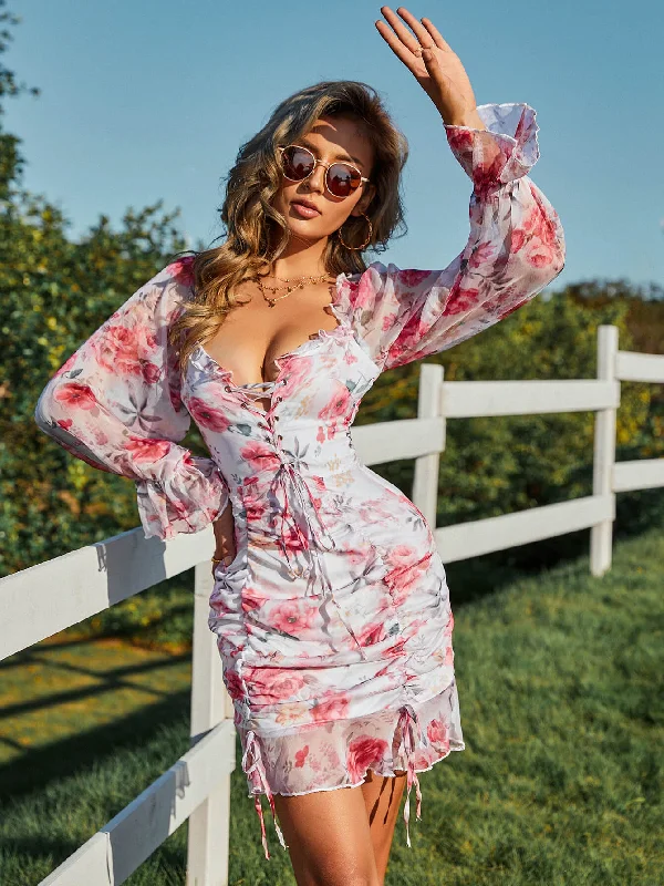 Summer-ready fashion for stylish women   Floral Lace-Up Ruched Flounce Sleeve Dress