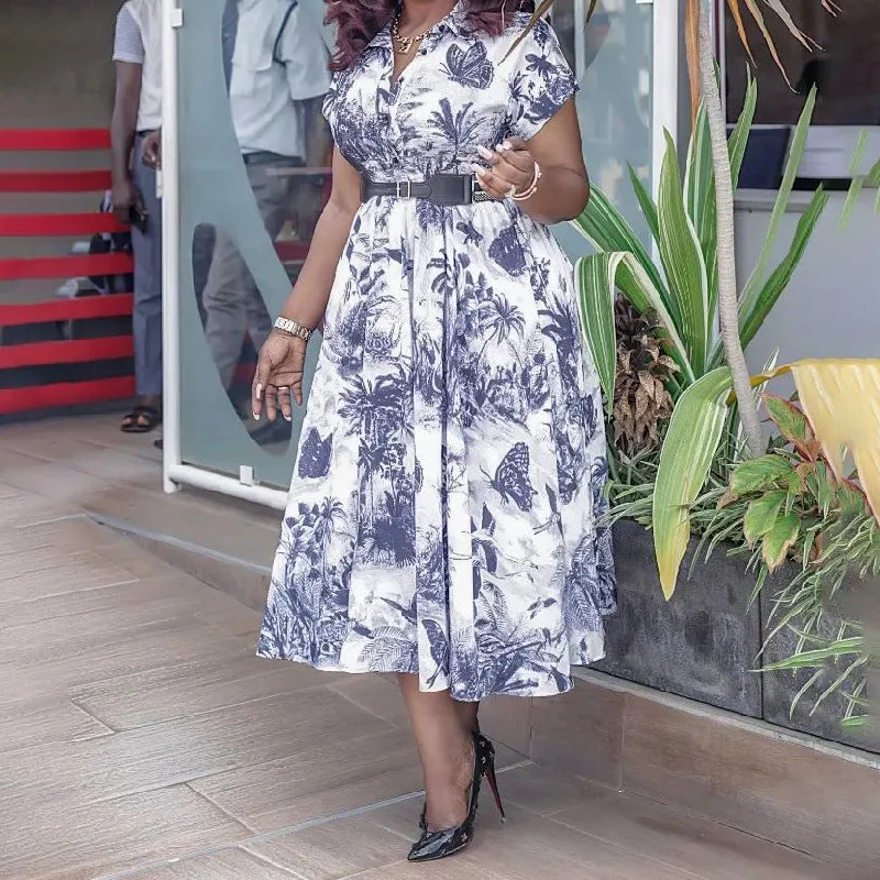 Refresh your wardrobe with trendy women’s apparel   NiDELL D263 with Belt Cross-Border Women's Clothing . Summer New Button Printed Short Sleeve High Waist Large Size European and American Style Dress