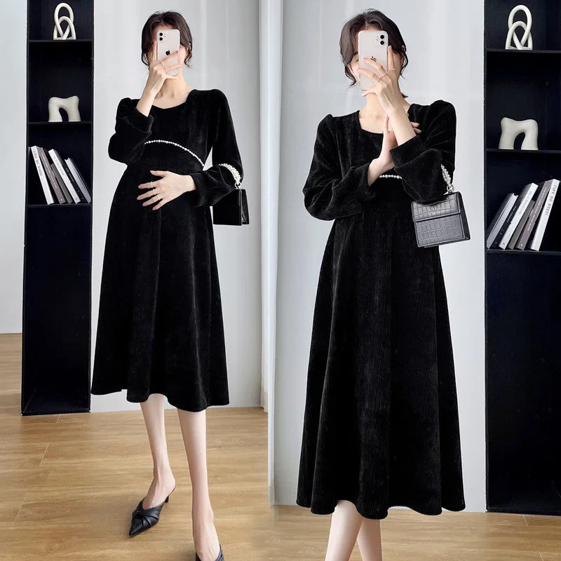 Fashionable clothing that fits every occasion   NiDELL Maternity Clothes Autumn and Winter . New Trendy Mom Slim Fit Long Dress for Pregant Women Chenille High Waist Temperament Dress