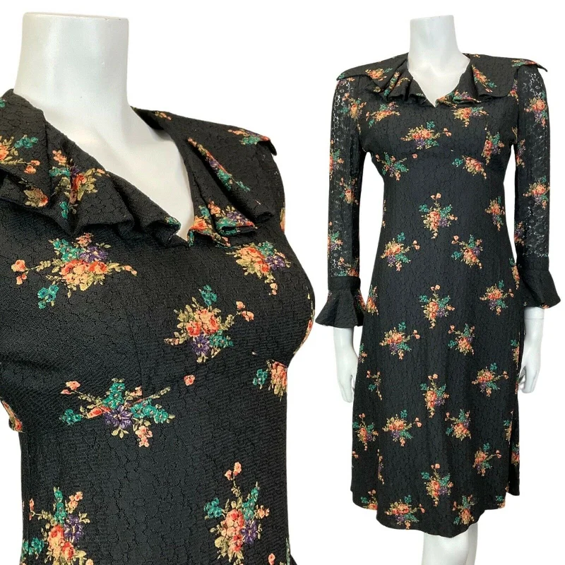 Curated collections for modern, fashionable women   VINTAGE 60s 70s BLACK GREEN LILAC BOUQUET FLORAL LACE RUFFLE SHORT DRESS 8