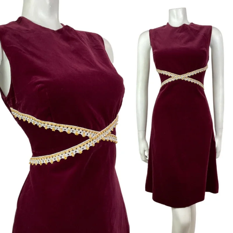 Find your perfect fit with stylish women’s clothing   VINTAGE 60s 70s WINE RED SILVER GOLD VELVET SLEEVELESS PARTY GLAM DRESS 10